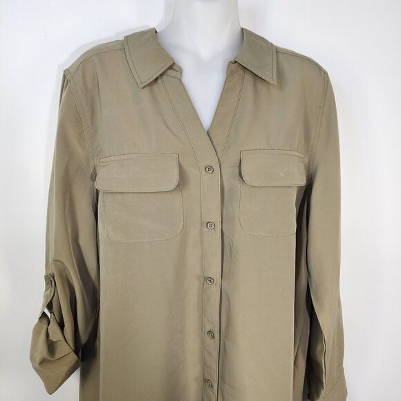 Denim & Co. Tunic Top Medium Roll Tab Sleeve Button Soft Utility A227885 Olive - Picture 3 of 10